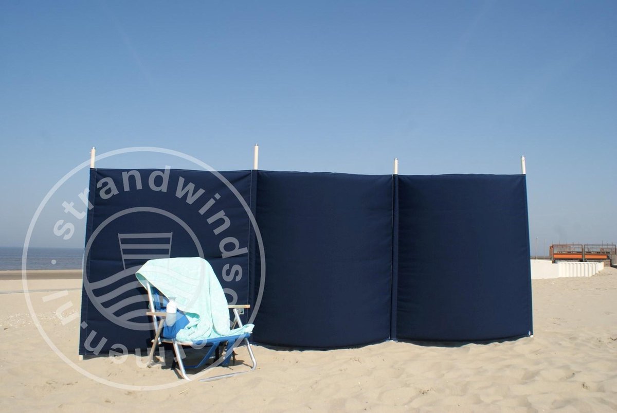 Goedkoopste Strand Windscherm 4 meter dralon effen marine blauw met houten stokken