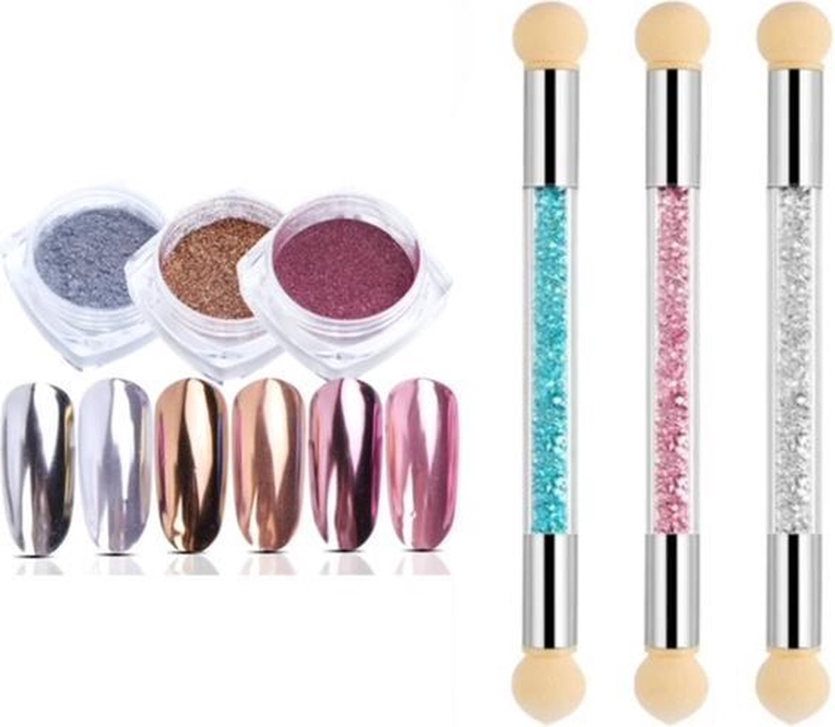 Goedkoopste GUAPÀ - Nail Art Penselen Spons Set met Holografische Glitter Poeder Set voor het maken van prachtige Nail Art effecten op je nagels - 6 Delige Nail Art Set