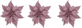 6x stuks decoratie bloemen kerststerren roze glitter op clip 18 cm - Decoratiebloemen/kerstboomversiering/kerstversiering