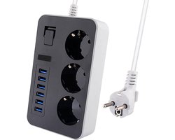 Premium Stekkerdoos | Contactdoos met 6 USB poorten | Verdeeldoos | 1.60m Verlengsnoer voor naar het Stopcontact| Aan/Uitschakelaar | Geschikt voor Apple / Samsung / LG / Huawei / HTC | Zwart