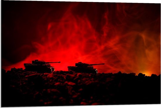 Dibond - Tanks bij Rode Rook - 90x60cm Foto op Aluminium (Met Ophangsysteem)