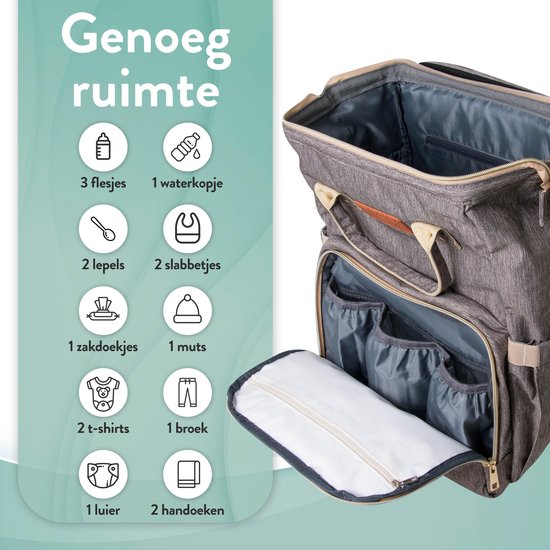 Luiertas rugzak - Monx Luiertas verzorgingstas met uitklapbaar babybedje - Overzichtelijke luierrugzak extra buggy en kinderwagen haken inclusief geïsoleerde flessenhouder - Grijs van Monx — afbeelding 4