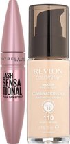 Revlon Colorstay Foundation With Pump - 110 ivory  (Oily Skin) + Maybelline Lash Sensational Mascara - Intense Black - Zwart