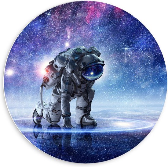 Forex Wandcirkel - Astronaut op Galaxy Achtergrond - 60x60cm Foto op Wandcirkel (met ophangsysteem)