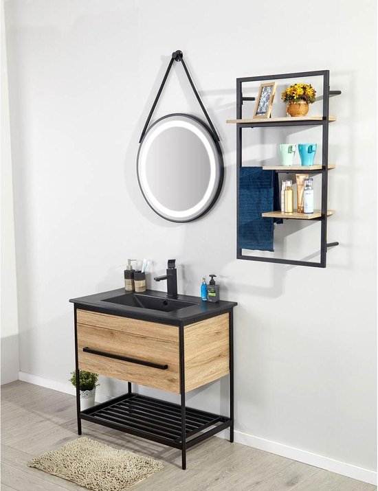 Badkamer meubel - 80cm - Staand - LED spiegel - Wandrek - Keramische Zwarte Wastafel