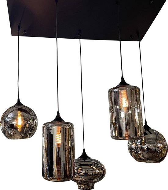 5 lichts hanglamp Bulbs smoke mixed glas 100x40cm zwarte plaat | bol.com