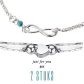 2 Enkelkettinkjes- Hart- Infinty turquoise- Enkelbandje-22-24 cm- Zilverkleur- Extra verlengkettinkje-Charme Bijoux