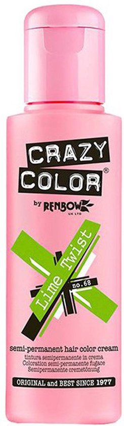 Roze flesje Crazy Color haarverf, 'Lime Twist No.68', semi-permanent.