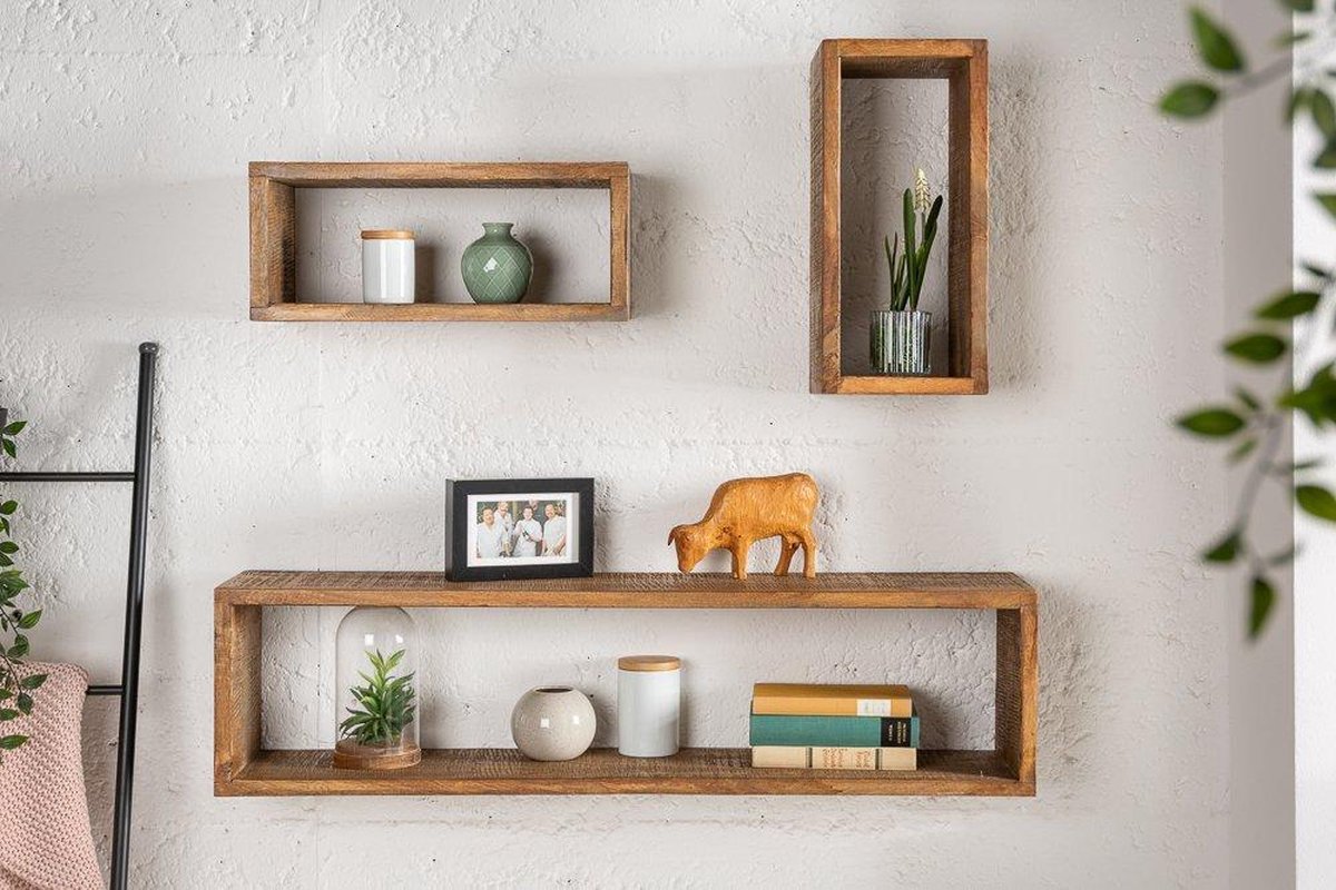 Wandplanken Mangohout Set van 3 stevige wandplanken 94 cm bruin