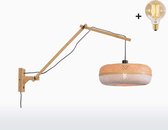 Wandlamp met Lange Arm - PALAWAN - Bamboe - Naturel/Witte Kap - Small (40x15cm) - Met LED-lamp