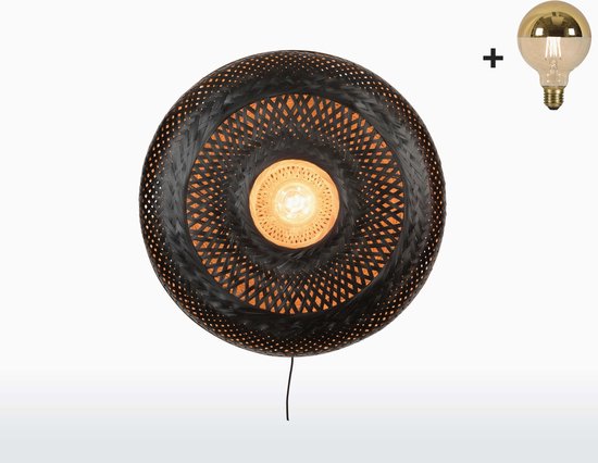 Wandlamp - PALAWAN - Naturel/Zwart Bamboe - Large (60x15cm) - Met LED-lamp