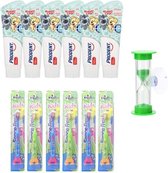 6x Prodent Tandpasta Woezel & Pip 0-6 jaar + 6 x tandenborstels Kids Soft en zandloper (groen)