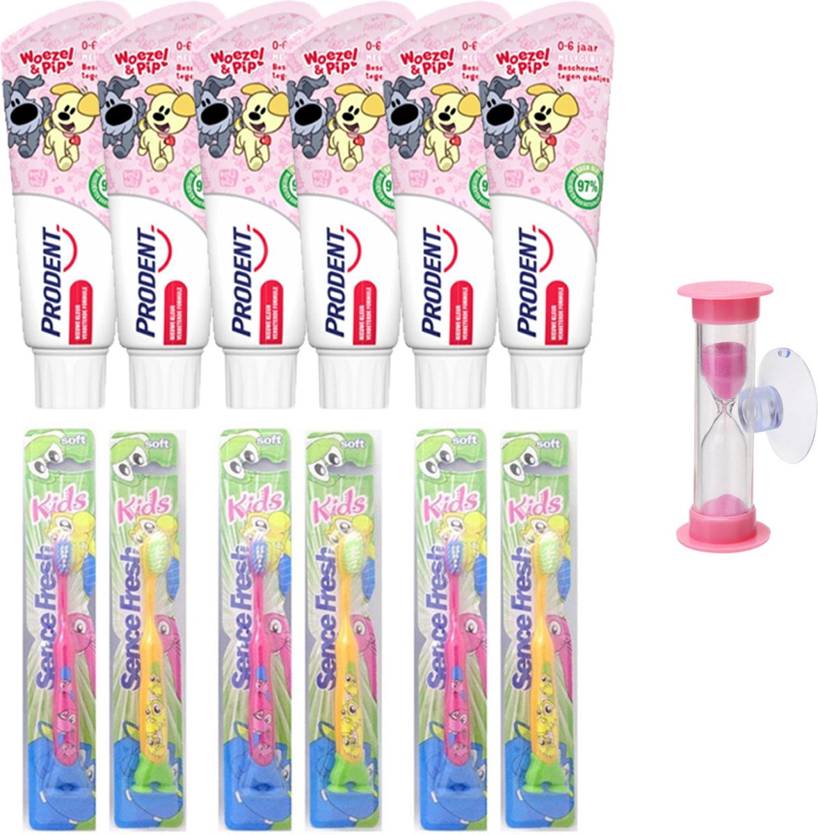6x Prodent Tandpasta - Woezel & Pip - 6 tandenborstels - geel- roze - met zandloper