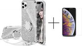 Apple iPhone 12  Back Cover Telefoonhoesje | Glitter | met Ring Houder | Zilver + 1x screenprotector