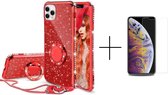 Apple iPhone 12  Back Cover Telefoonhoesje | Glitter | met Ring Houder | Rood + 1x screenprotector