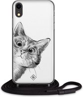 iPhone XR hoesje met koord - Kiekeboe kat | Apple iPhone XR crossbody case | Zwart, Transparant | Geen opdruk