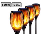 Nolad® 12 LED Tuinfakkel - Set van 8 Stuks - 52,5 cm x 7,5 cm -Tuinverlichting op Zonne-Energie - Tuinverlichting met Sensor - Buitenverlichting Lamp - LED Tuin lamp - Tuin Decoratie - Zwart
