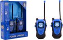 Blauwe politie walkie talkies met politie-logo, in verpakking en los.