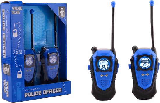 Blauwe politie walkie talkies met politie-logo, in verpakking en los.