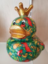 pomme-pidou spaarpot eend Ducky met kroontje XL in groen met monstertjes