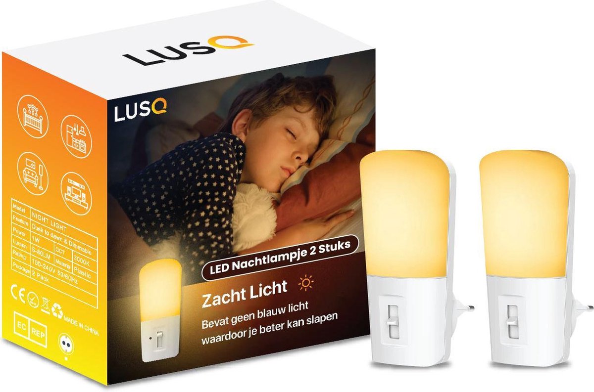 LUSQ - LED Nachtlampje in Stopcontact - 2 stuks - Dimbare Nachtlampjes met Sensor - Nacht Lamp met