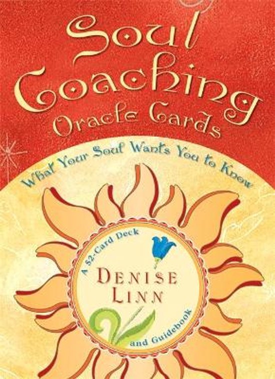 Boek met de titel 'Soul Coaching Oracle Cards' met een rode en oranje zon op de kaft. Inclusief tekst 'What Your Soul Wants You to Know'.
