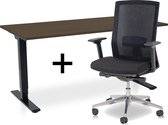 Zit-sta bureau elektrisch verstelbaar +  ERGO Bureaustoel | ARBO COMFORT NEN-EN 527 Thuiswerkset | frame bureau zwart - bureaublad bruin eiken | 160x80 cm