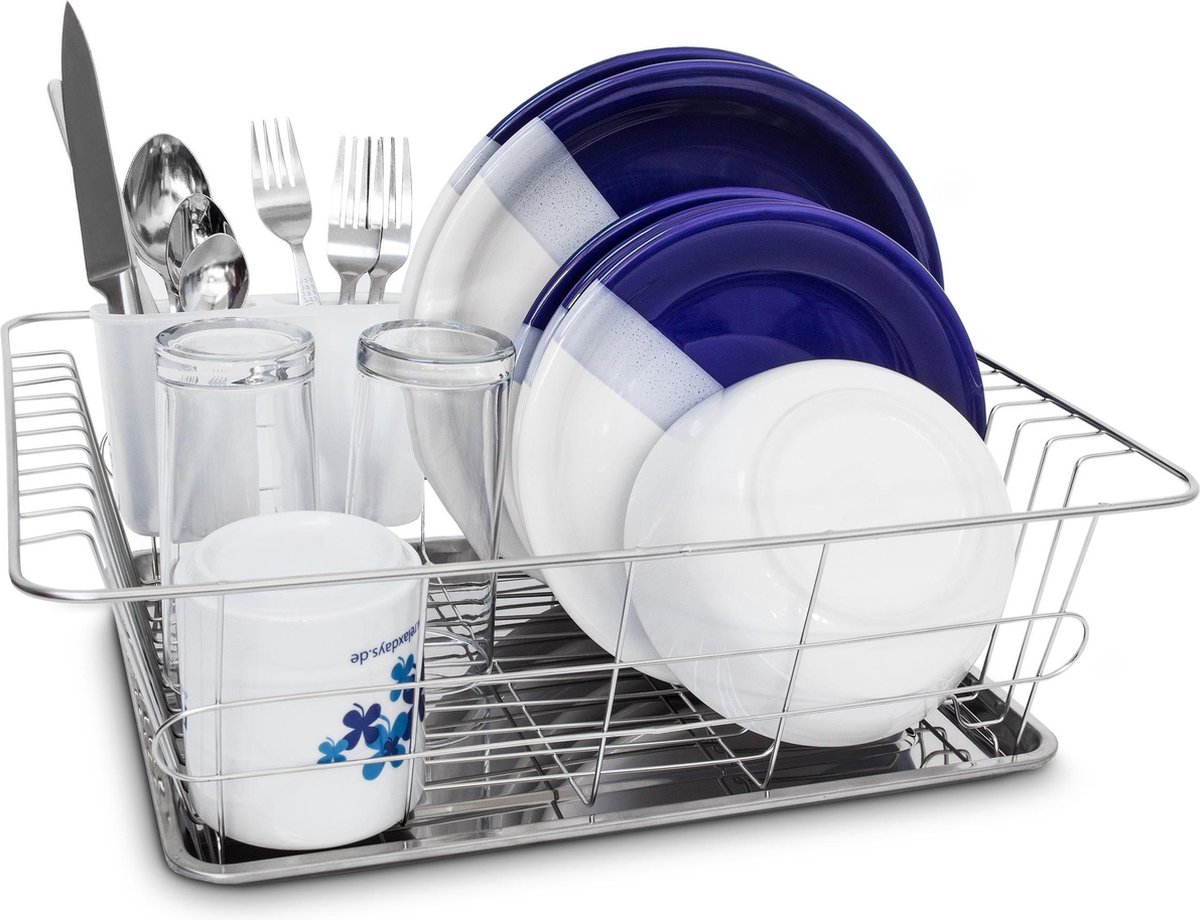 Goedkoopste afdruiprek met lekbak en bestekbak - 40,5 x 30,5 x 12 cm - rvs - zilver