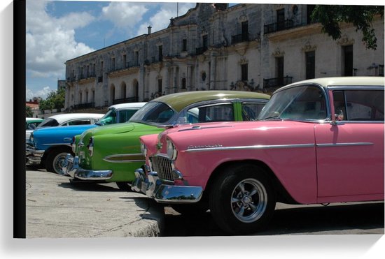 Rij van klassieke auto's in roze, groen, blauw en wit, met chromen accenten, op een zonnige dag.