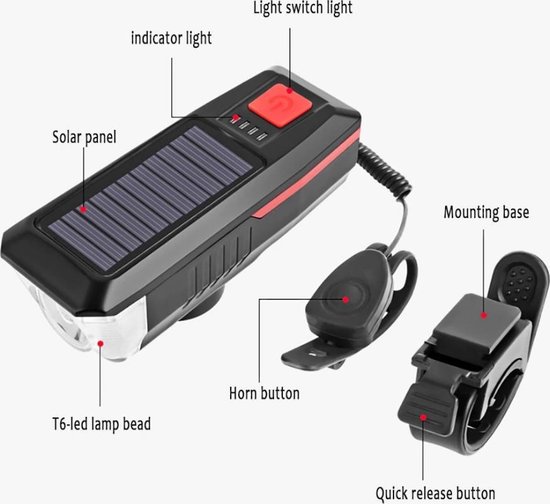 BikerVibes - Fietsverlichting USB Oplaadbaar - Voorlamp Fiets - Zaklamp - Solar - Voorlicht - LED - Waterdicht - Fietslampje - 250 Lumen - Zwart/oranje — afbeelding 2