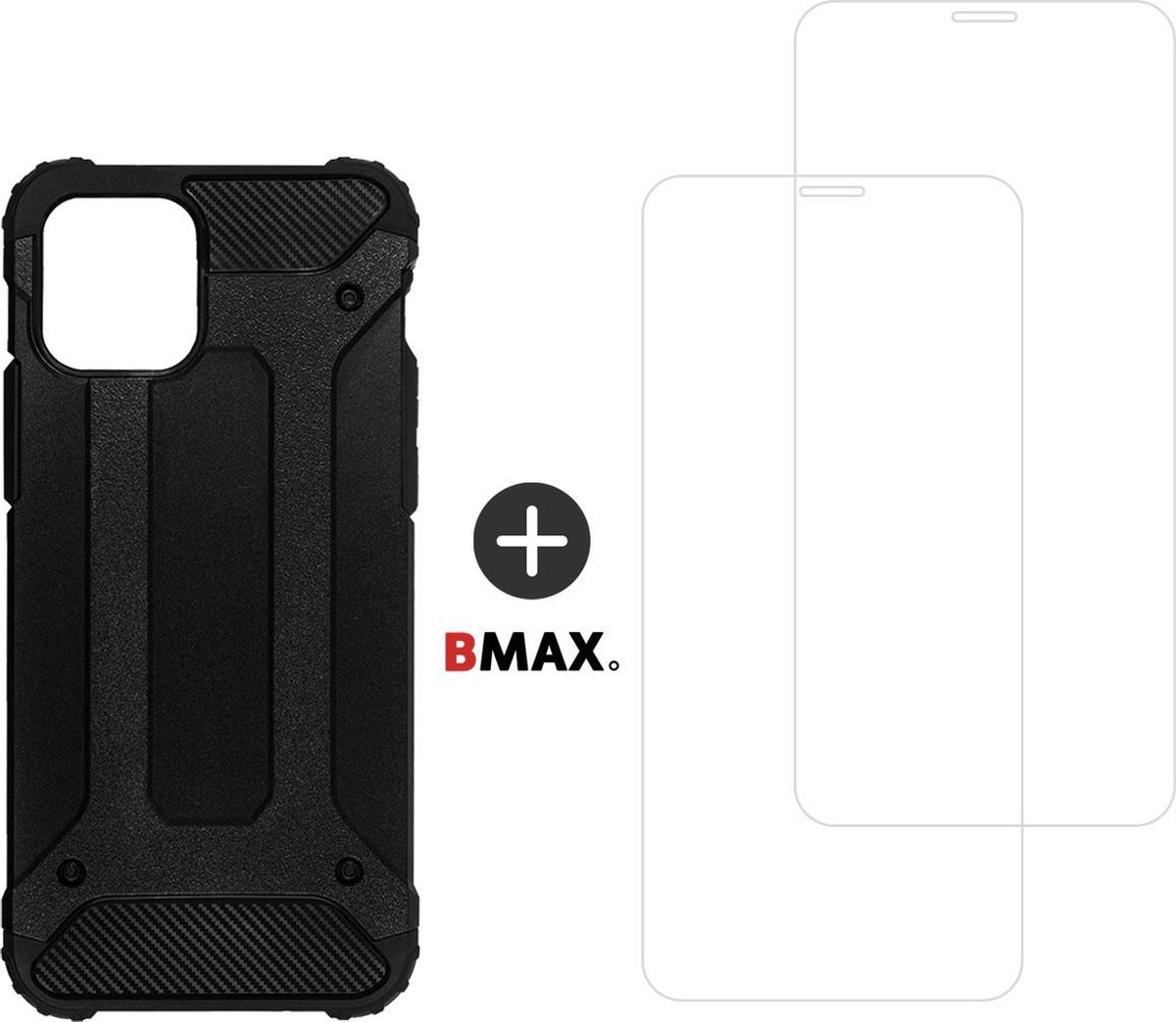 BMAX Telefoonhoesje geschikt voor iPhone 12 - Classic armor hardcase hoesje zwart - Met 2 screenprotectors