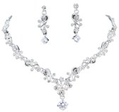 Bruid- Ketting- Oorbellen- Yvon- Zilverkleurig- Strass-Charme Bijoux