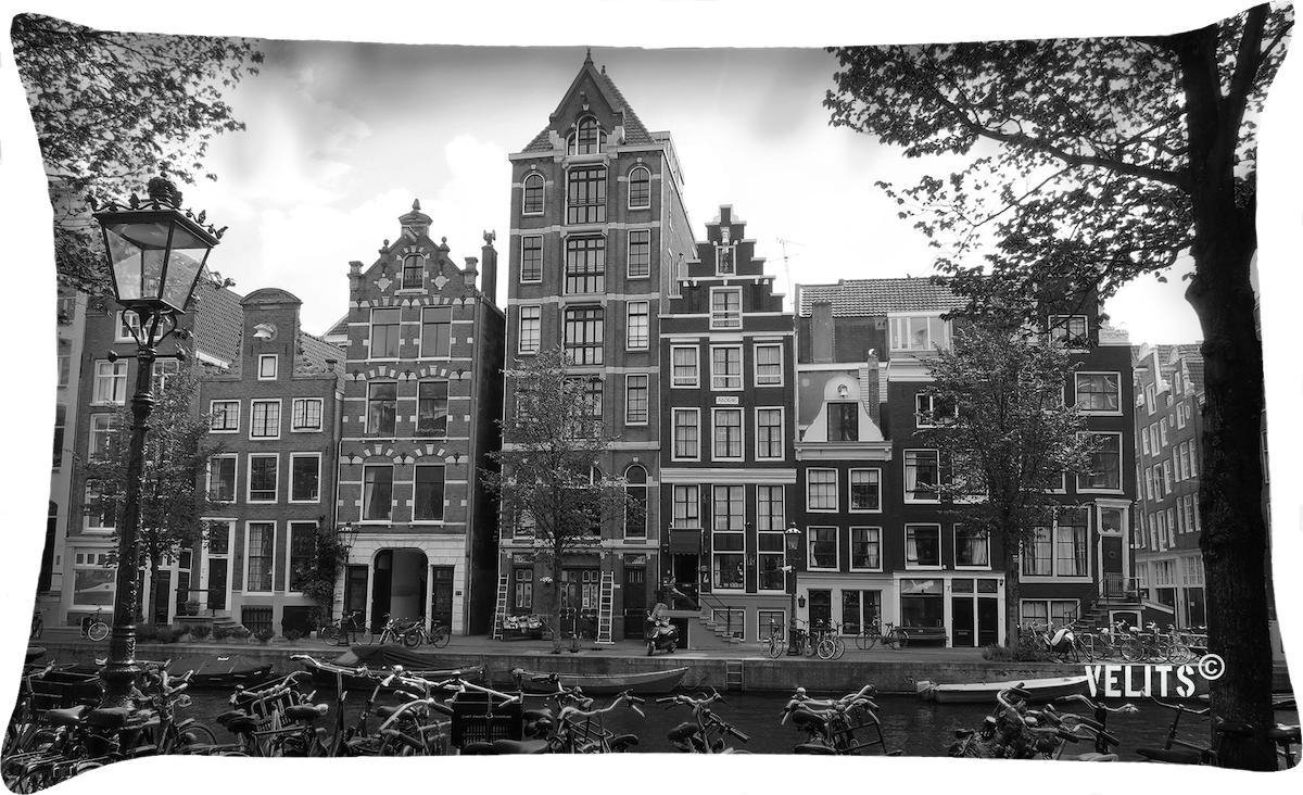 Sierkussen - Buitenkussen Amsterdam Grachtenpanden Dutchies Waterafstotend Bootkussen - Zwart En Wit - 60 Cm X 40 Cm