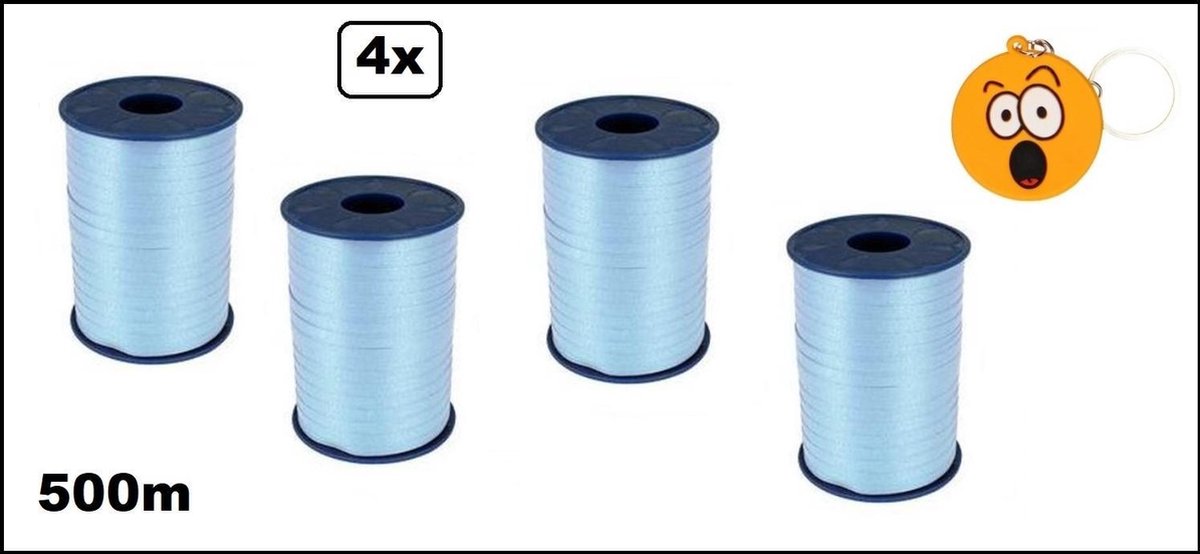 4x Krullint licht blauw 5mmx500meter + sleutelhanger smiley| merk Cotton blue |krullint | krul lint kerst thema feest decoratie kado krul lint.