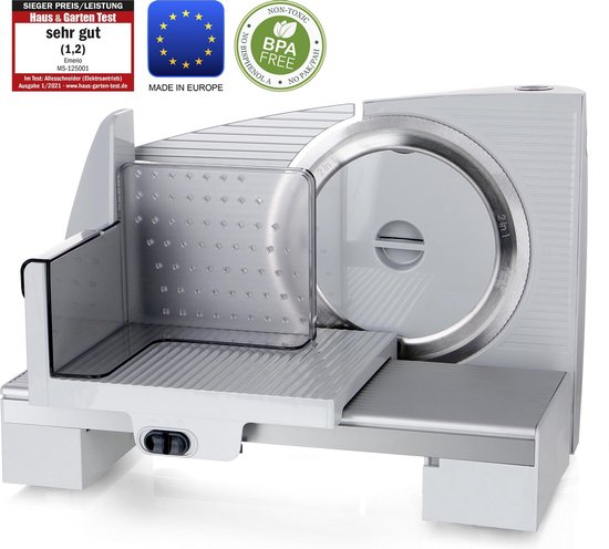Emerio Multifunctionele Snijmachine - 110W, Dikte Verstelbaar 0-17mm - RVS Mes - Elektrische Snijmachine voor Brood, Kaas en Vlees - MS-125001 Allessnijder Grijs