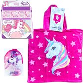 Eenhoorn / Unicorn 3-delige set - badponcho 55 X 110 cm + tas 42 x 36 cm (HxB) + cap -roze - maat 2-6 jaar