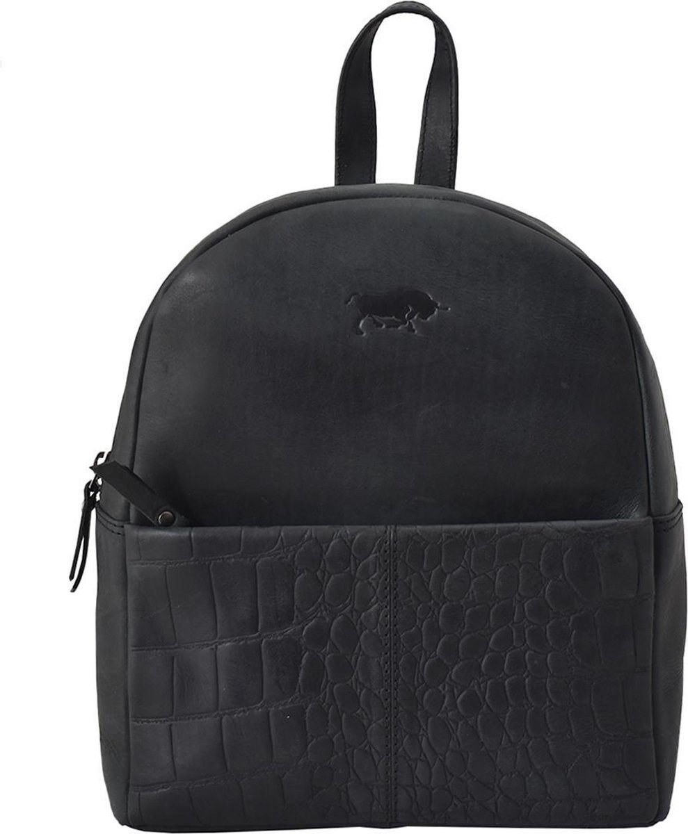Leren Rugtas Dames Matzwart Met Kroko Print Leer – Rugzak Dames Leer Zwart – Zwarte Rugtas Leer