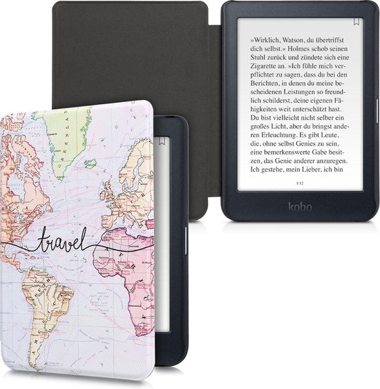 kwmobile e-reader hoesje geschikt voor Kobo Nia hoes - E reader flip case met magnetische sluiting - Ereader cover - Travel Wereldkaart design in zwart / meerkleurig van Merkloos — afbeelding 5