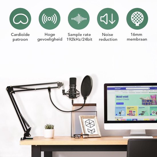 LifeGoods Condensator USB Microfoon met Arm - Cardioide Polair Patroon - PC, Laptop, Macbook, PlayStation - Plopkap - Ruisfilter - Zwart