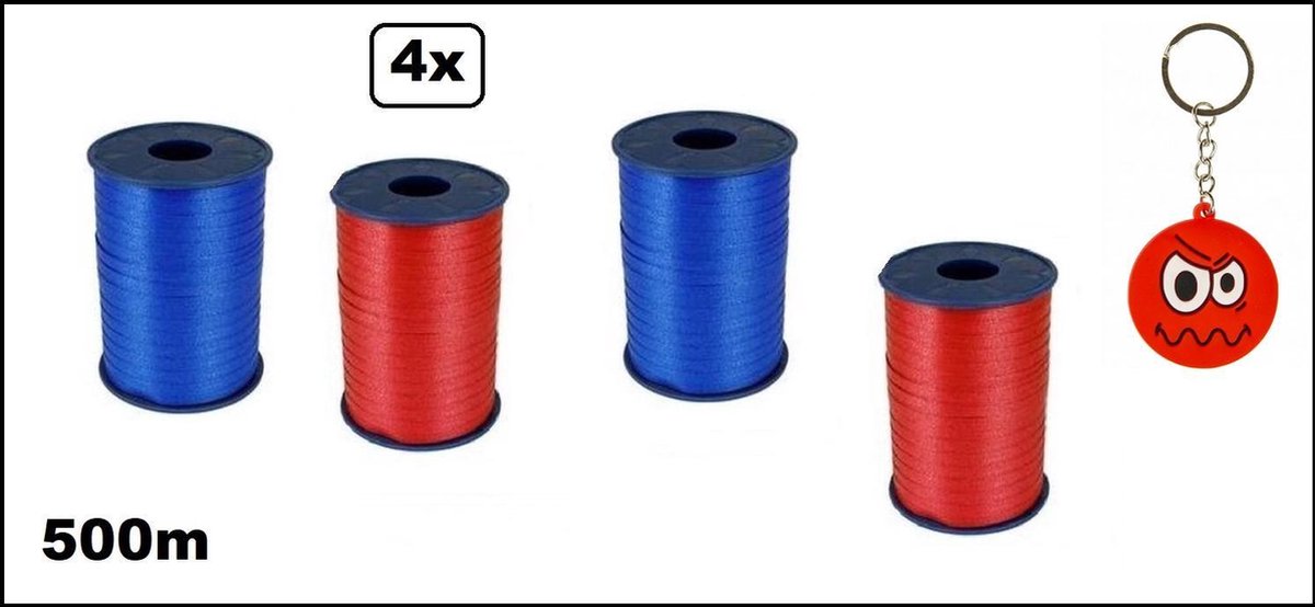 4x Krullint rood/blauw 5mmx500meter + sleutelhanger smiley| merk Cotton blue |krullint | krul lint kerst thema feest decoratie kado krul lint.