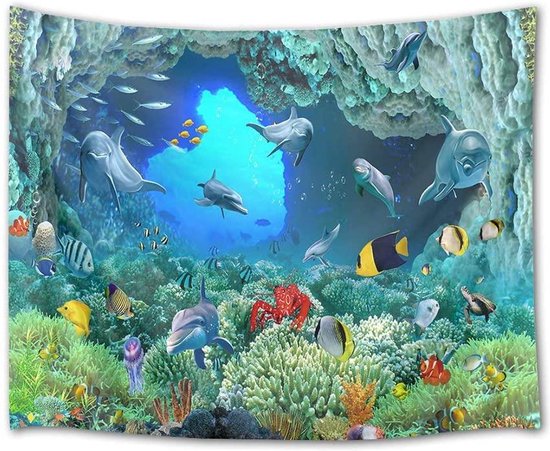 Ulticool - Dolfijn Vissen Aquarium Planten Koraal Zee - Wandkleed - 200x150 cm - Groot wandtapijt - Poster