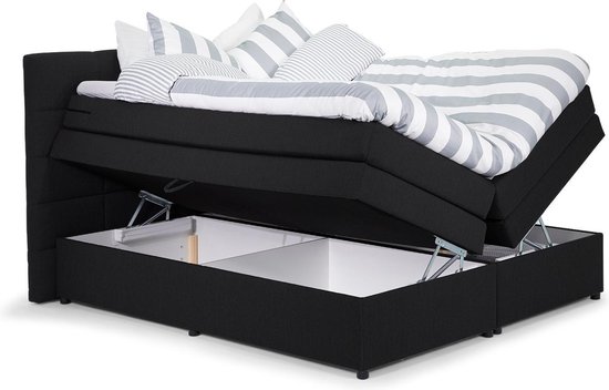 Beddenleeuw Boxspring Bed met opbergruimte - DeLuxe Yara - 90x200 - Incl. Hoofdbord + Matras en Topper - Zwart - Beddenleeuw