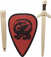 houtenzwaard met schede draak en ridderschild rood met draak kinderzwaard houten ridder zwaard schild
