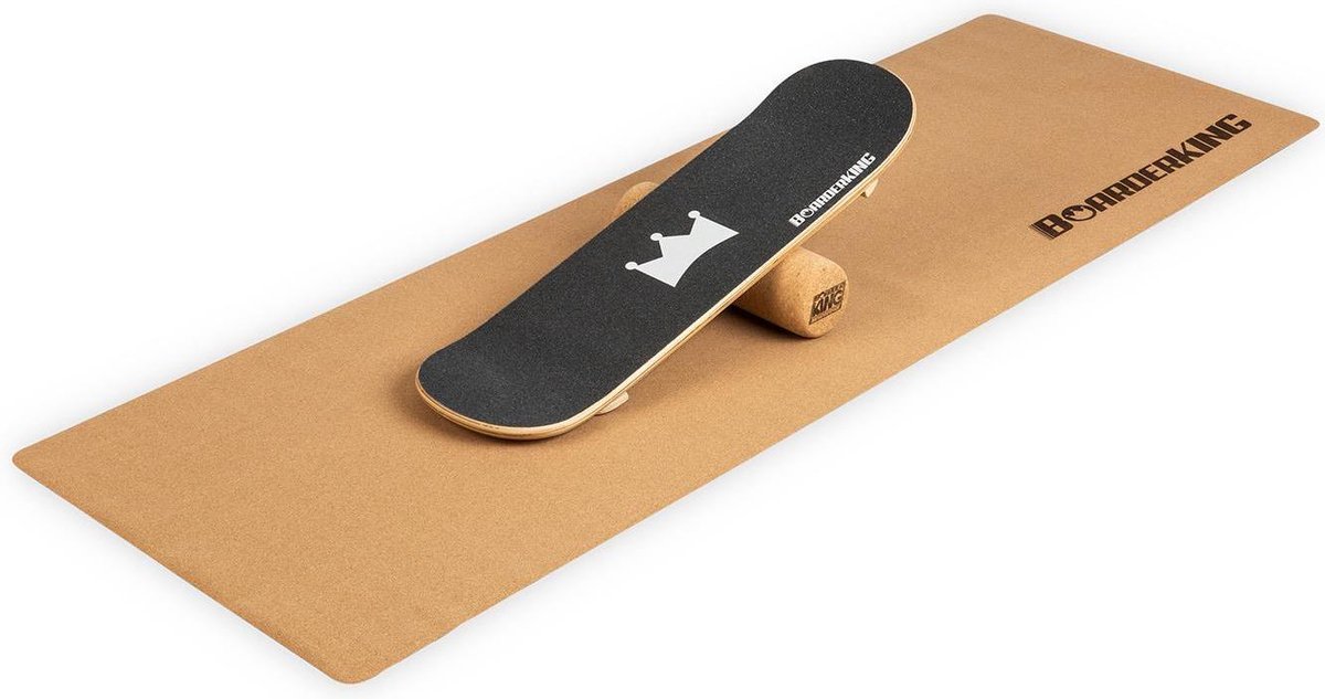 BoarderKING Indoorboard skate balance board + mat + rol hout/kurk zwart