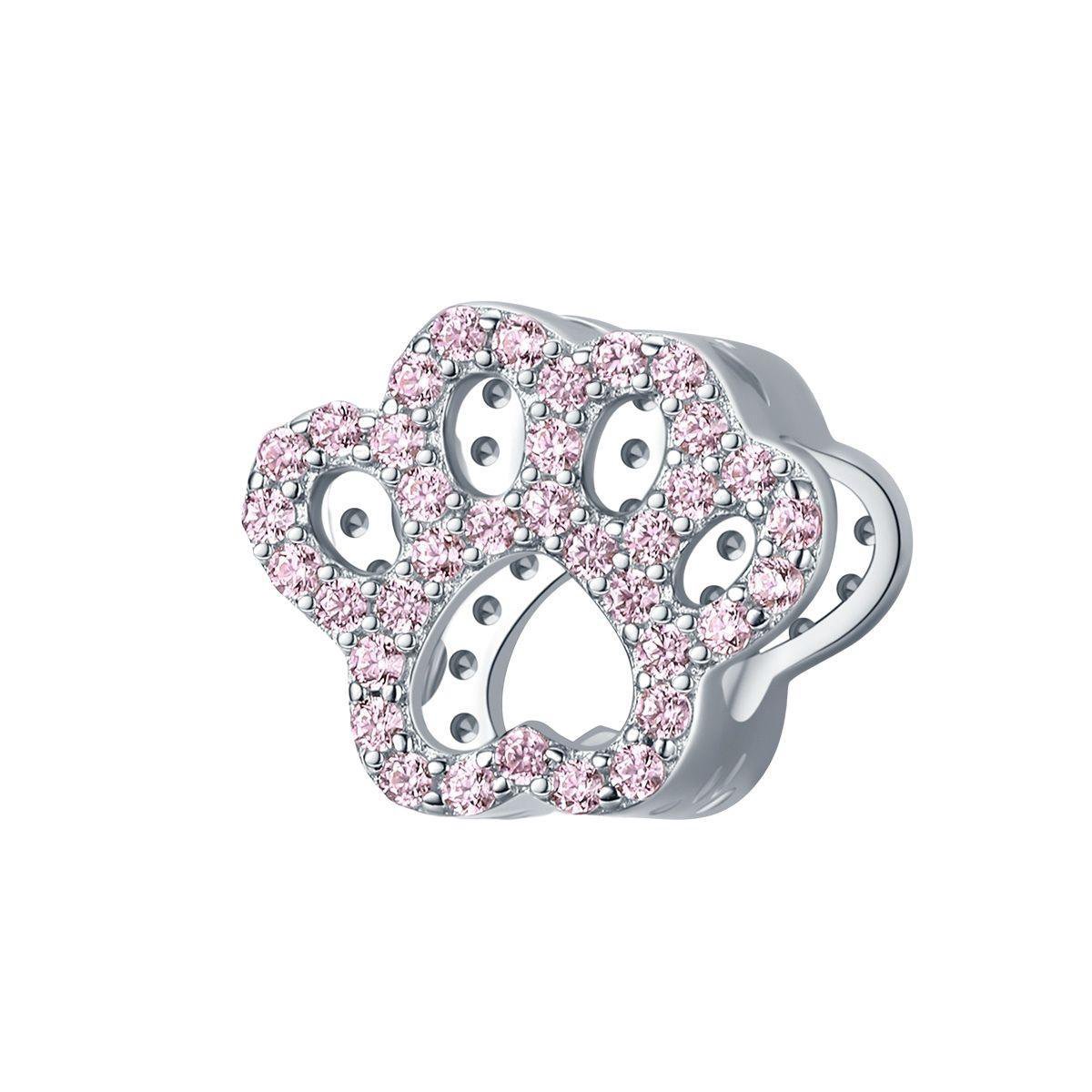 Poot hond beer roze zirkonia bedel | dog paw pink zirconia bead | Zilverana | geschikt voor Biagi , Pandora , Trollbeads armband | 925 zilver