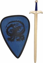 Robinhood zwaard met ridderschild blauw met draak kinderzwaard houten ridder schild
