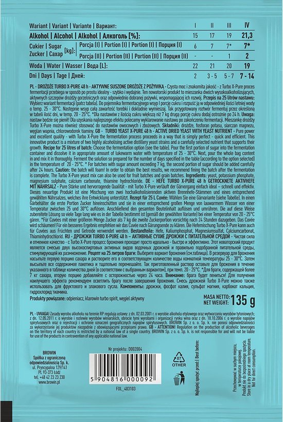 Levure Turbo à haut pourcentage d'alcool 21,3% pour 25 litres!
