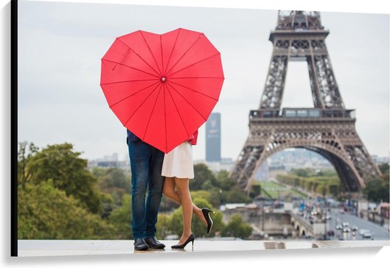 Canvas  - Liefdes Paraplu bij Eiffeltoren - 120x80cm Foto op Canvas Schilderij (Wanddecoratie op Canvas)