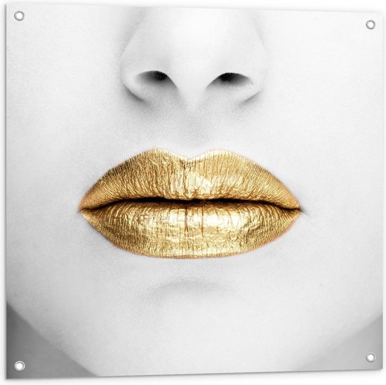 Tuinposter – Gouden lip op Zwart/Wit Persoon - 80x80cm Foto op Tuinposter  (wanddecoratie voor buiten en binnen)