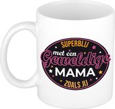 Superblij met mama mok / beker wit - cadeau Moederdag / verjaardag